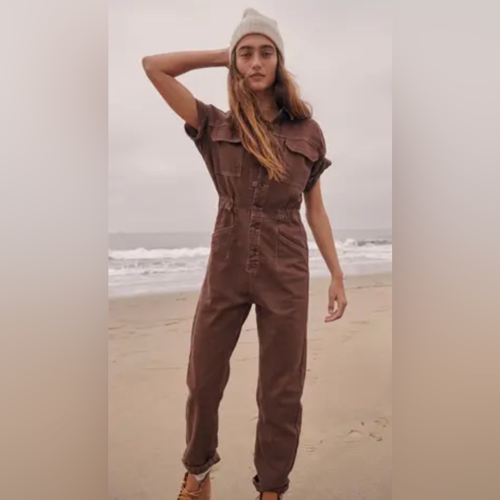 Free People We The Free Marci Coverall Jumpsuit Brown Women’s Size MEDIUM - Picture 2 of 16
